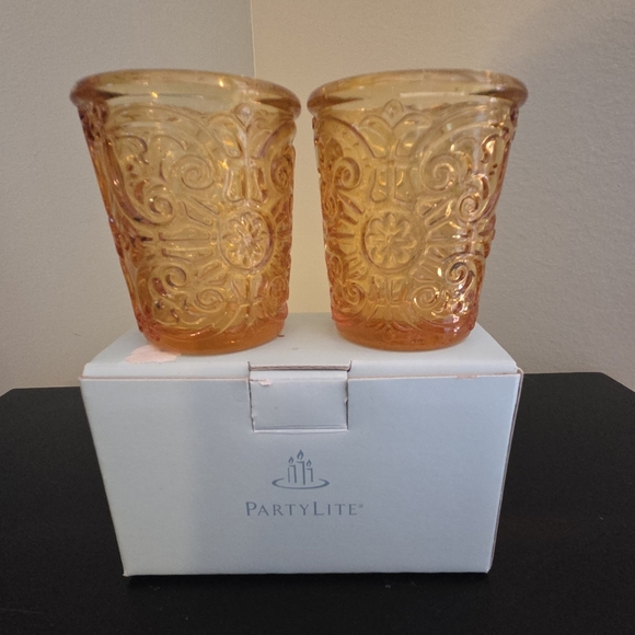 Retired Partylite Rustic Villa Amber Glass Votive Set of 2 Candle Holders VTG - Picture 1 of 5